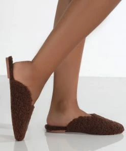 Public Desire UK Ciao Chocolate Teddy Slip On Slippers