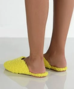 Public Desire UK Ciao Neon Yellow Teddy Slip On Slippers