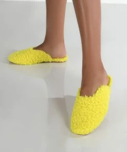 Public Desire UK Ciao Neon Yellow Teddy Slip On Slippers