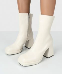 Public Desire UK Clover Ecru Pu Chunky Heel Ankle Boots NEW IN