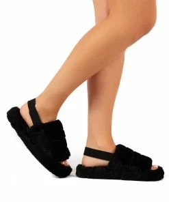 Public Desire UK Dreamtime Black Fluffy Strap Back Slippers FLATS