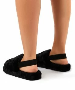 Public Desire UK Dreamtime Black Fluffy Strap Back Slippers FLATS