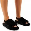 Public Desire UK Dreamtime Black Fluffy Strap Back Slippers FLATS