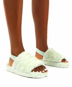 Public Desire UK FLATS Dreamtime Mint Fluffy Strap Back Slippers
