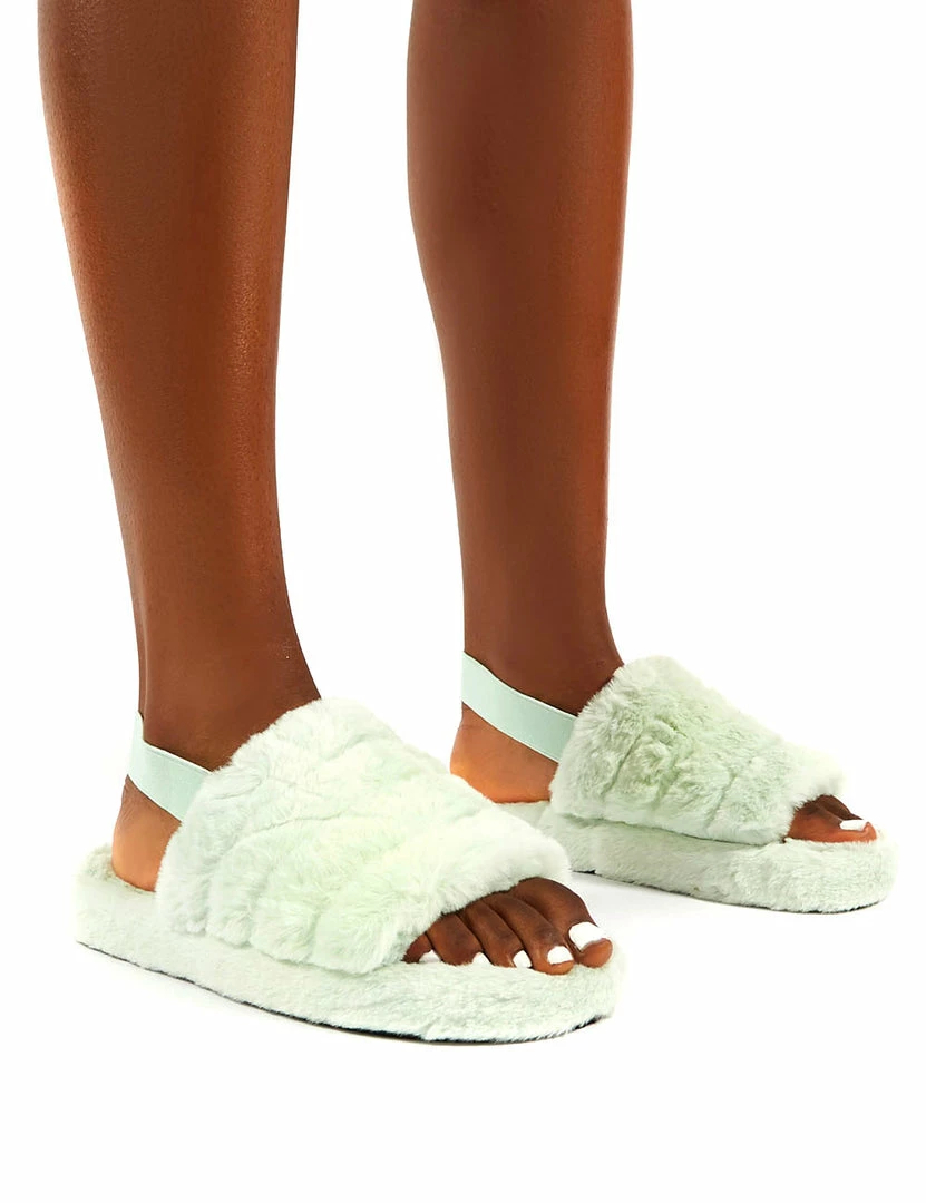 Public Desire UK FLATS Dreamtime Mint Fluffy Strap Back Slippers 1 Public Desire UK FLATS Dreamtime Mint Fluffy Strap Back Slippers