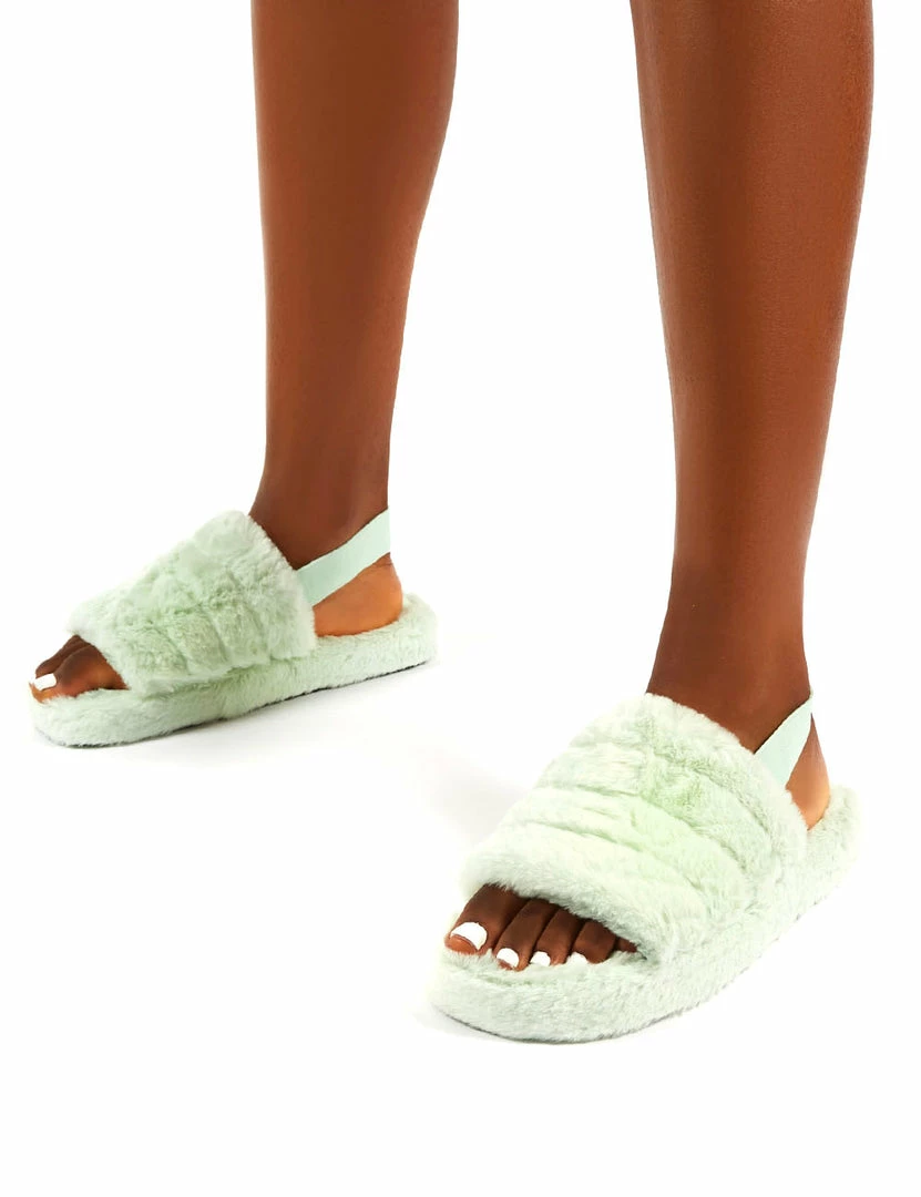 Public Desire UK FLATS Dreamtime Mint Fluffy Strap Back Slippers 2 Public Desire UK FLATS Dreamtime Mint Fluffy Strap Back Slippers