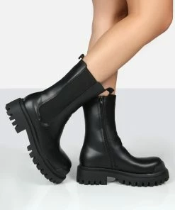 Public Desire UK Ebene Black PU Chunky Sole Chelsea Ankle Boots