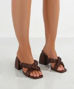 Public Desire UK Elsa Chocolate PU Scrunchie Cross Strap Block Heel Heels