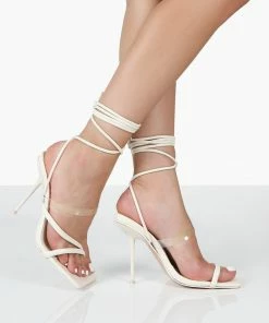 Public Desire UK Fantasy Ecru Pu Lace Up Strappy Square Toe Heels