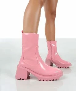Public Desire UK Sway Pink PU Heeled Wellies Ankle Boots