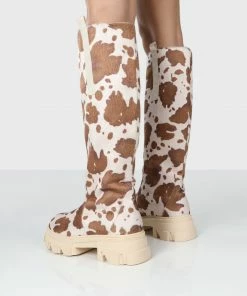 Public Desire UK Amber X Public Desire Genius Cow Print Knee High Chunky Sole Boot Long Boots