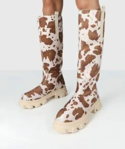 Public Desire UK Amber X Public Desire Genius Cow Print Knee High Chunky Sole Boot Long Boots