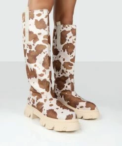 Public Desire UK Amber X Public Desire Genius Cow Print Knee High Chunky Sole Boot Long Boots