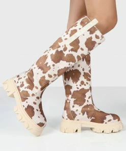 Public Desire UK Amber X Public Desire Genius Cow Print Knee High Chunky Sole Boot Long Boots