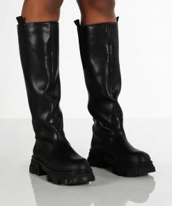 Public Desire UK Genius Black Knee High Chunky Sole Boots