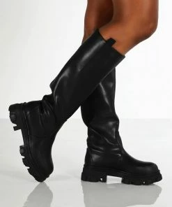Public Desire UK Genius Black Knee High Chunky Sole Boots