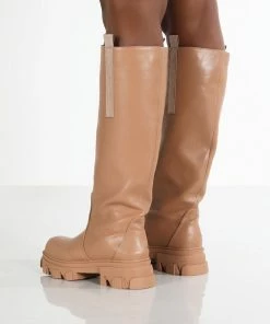Public Desire UK Genius Tan Knee High Chunky Sole Boots