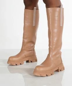 Public Desire UK Genius Tan Knee High Chunky Sole Boots