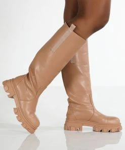 Public Desire UK Genius Tan Knee High Chunky Sole Boots