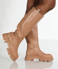 Public Desire UK Genius Wide Fit Tan Knee High Chunky Sole Boots