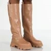 Public Desire UK Genius Wide Fit Tan Knee High Chunky Sole Boots
