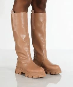 Public Desire UK Genius Wide Fit Tan Knee High Chunky Sole Boots