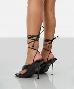 Public Desire UK Grand Black Toe Thong Front Square Toe Lace Up Stiletto Heels