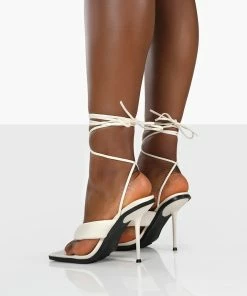 Public Desire UK Grand White Toe Thong Front Square Toe Lace Up Stiletto Heels