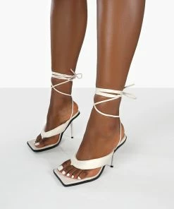 Public Desire UK Grand White Toe Thong Front Square Toe Lace Up Stiletto Heels