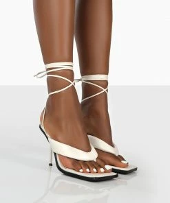 Public Desire UK Grand White Toe Thong Front Square Toe Lace Up Stiletto Heels