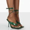 Public Desire UK Grand Green Toe Thong Front Square Toe Lace Up Stiletto Heels