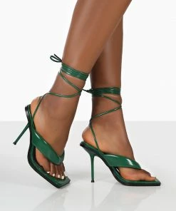 Public Desire UK Grand Green Toe Thong Front Square Toe Lace Up Stiletto Heels