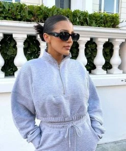 Public Desire UK KAIIA CLOTHING Half Zip Ribbed Cropped Sweatshirt Grey Marl