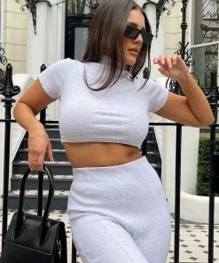 Public Desire UK High Neck Ribbed Cropped T Shirt Oatmeal Marl KAIIA CLOTHING