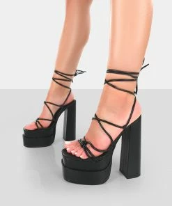 Public Desire UK Glow Girl Wide Fit Black PU Lace Up Platform High Heels NEW IN