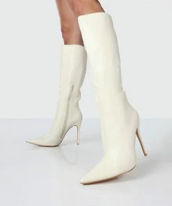 Public Desire UK Horizon Ecru PU Knee High Boots