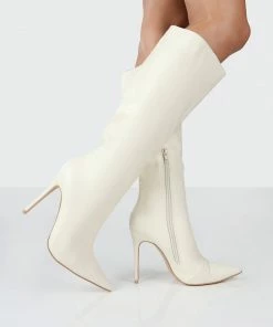 Public Desire UK Horizon Ecru PU Knee High Boots