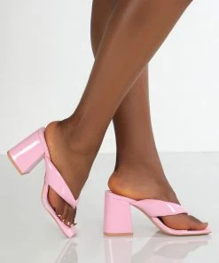 Public Desire UK PINK HEELS Hugo Pink Patent Thong Strap Block Heels
