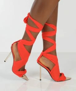 Public Desire UK Huni Red Ribbon Tie Up Gold Stiletto Heels Back In Stock