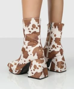 Public Desire UK Imagine Brown Cow Print Chunky Heel Ankle Boots