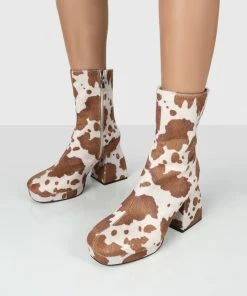 Public Desire UK Imagine Wide Fit Brown Cow Print Chunky Heel Ankle Boots