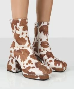 Public Desire UK Imagine Brown Cow Print Chunky Heel Ankle Boots