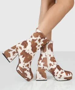 Public Desire UK Imagine Wide Fit Brown Cow Print Chunky Heel Ankle Boots