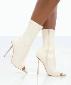 Public Desire UK NEW IN Independent Ecru Pu Open Toe Zip Up Stiletto Ankle Boots