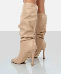 Public Desire UK NEW IN Iris Nude Pointed Toe Stiletto Knee High Boots