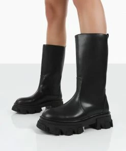 Public Desire UK NEW IN Jolie Black Pu Knee High Chunky Sole Long Boots