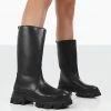 Public Desire UK NEW IN Jolie Black Pu Knee High Chunky Sole Long Boots