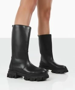 Public Desire UK NEW IN Jolie Black Pu Knee High Chunky Sole Long Boots