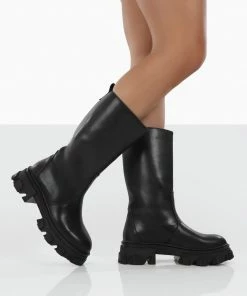 Public Desire UK NEW IN Jolie Black Pu Knee High Chunky Sole Long Boots