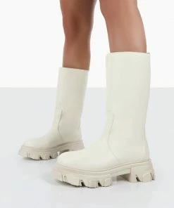 Public Desire UK Jolie Ecru Pu Knee High Chunky Sole Long Boots